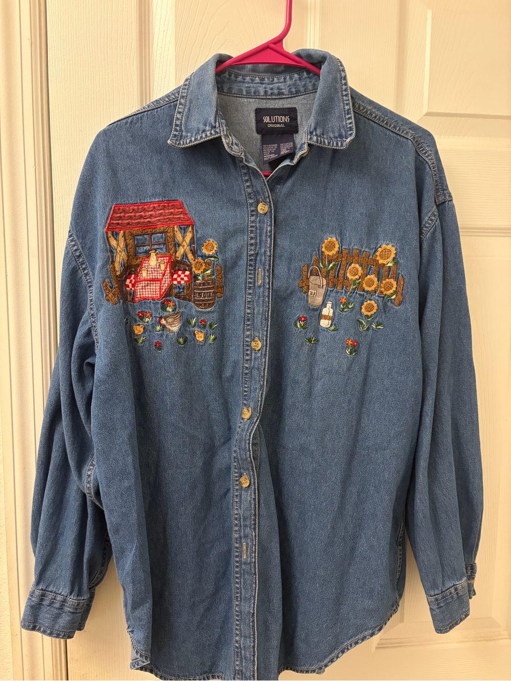 Vintage Denim  Embroidered Sunflower & Farm Shirt - Blue